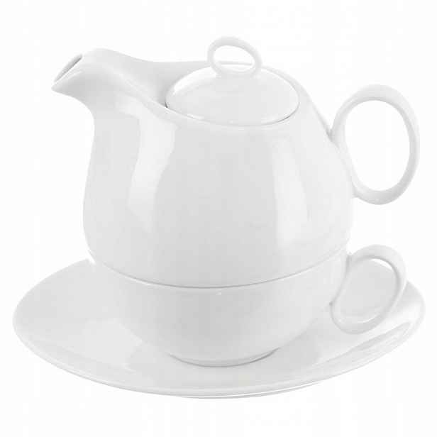 Porcelánový džbán s šálkem na přípravu pití kávy a čaje a bylinek