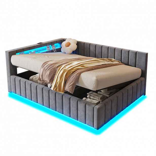 Modenvie ČALOUNĚNÁ postel 140/200 cm ze sametu v šedé barvě s LED, USB a úložným prostorem