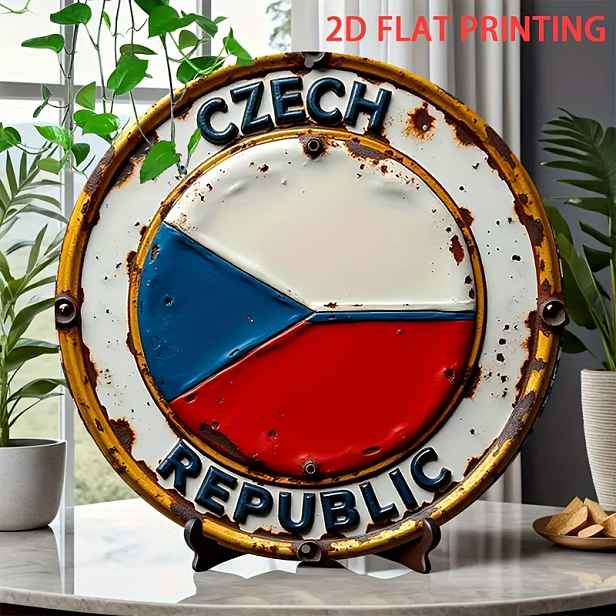 TEMU 2D plochá, 1ks kovová dekorace na zeď s vlajky České republiky - Retro cínová cedule s České republiky vhodná pro domácnost, garáž, kavárnu,
