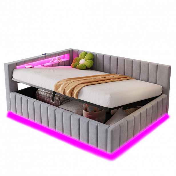 Modenvie ČALOUNĚNÁ postel 140/200 cm ze sametu, šedá, s LED osvětlením a úložným prostorem