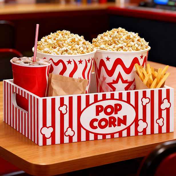 TEMU Retro Dřevěná Popcornová Miska s Červenobílými Pruhy - Organizér na Svačiny do Kina, Vhodná pro Kempování, Vánoční Večírky - Retro Držák na