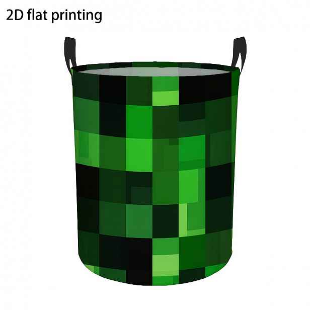 TEMU Kulatý koš na prádlo se živým zeleným pixelovým blokovým vzorem, skládací multifunkční úložný box z polyesterové tkaniny, dekorativní úložný koš