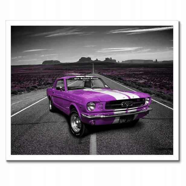 Plakáty v rámu 50x40 Fialový Ford Mustang na silnici