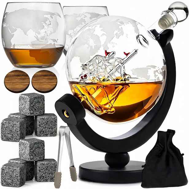 Karafa Na Whisky Dárek Sada 2 Sklenice Skleněná Lahvička Globus 900 ML