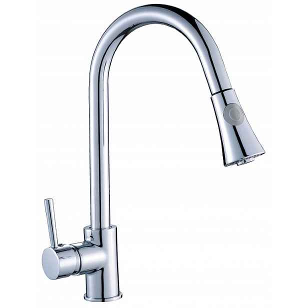 Kuchyňská stojánková baterie, chromovaná, mosazná, vytahovací sprcha 229 mm