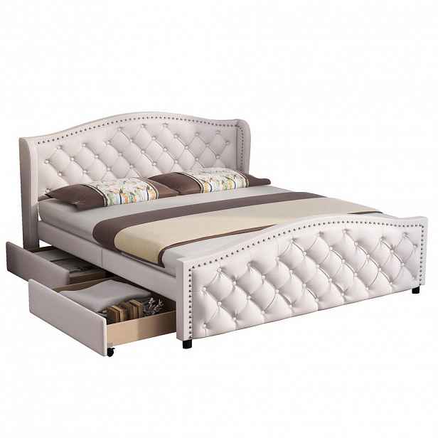 OKWISH ČALOUNĚNÁ postel 140/200 cm bílá z PU se zásuvkami a roštem