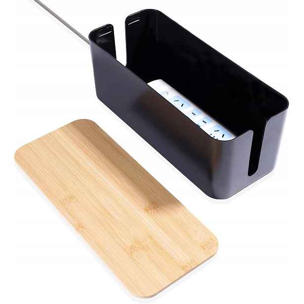 Organizér na kabely s bambusovým víkem – 32 × 13,5 × 12 cm černý