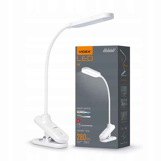 Led stolní lampa noční, stmívatelná, s klipem, bílá, Videx, 3 barvy