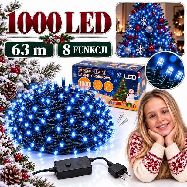Vánoční Osvětlení Na Stromeček 1000 Led Modré 63 M 8 Vánočních Funkcí Na Vánoční Stromeček