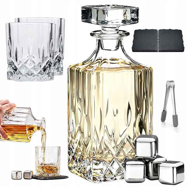 Sada 3 Prvků Karafa 700 ML 2 Sklenice Nápoje Whisky Sklo Komplet