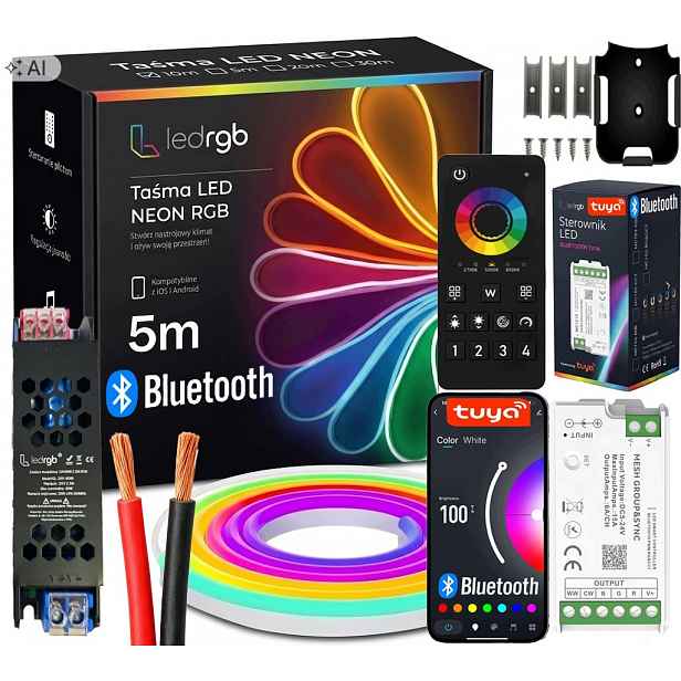 Sada Led Pásků Neon 5M Rgb (1x5) Aplikace Bt Tuya Dálkový Ovladač Napájecí Zdroj Montáž
