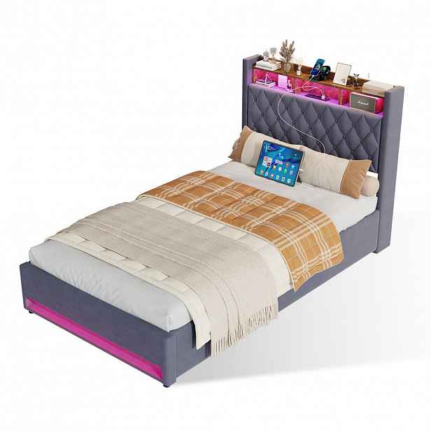 WISHDOR ČALOUNĚNÁ POSTEL 140/190 cm v šedém sametu, s úložným prostorem, USB, LED, bez matrace