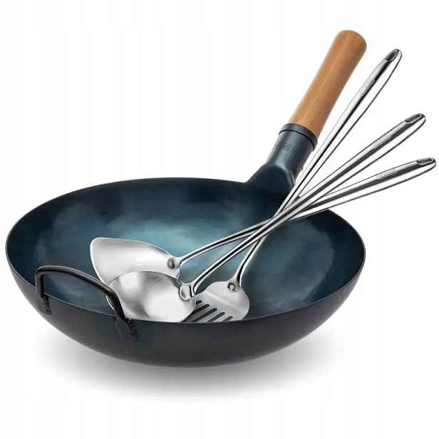 Yosukata Sada Wok 36 cm modrá 3 příslušenství ocelový plyn Bbq