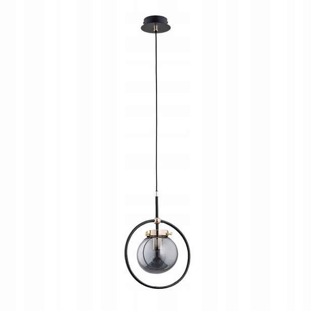 Závěsná lampa černá zlatá skleněná kouřová koule s obručí do ložnice Alfa