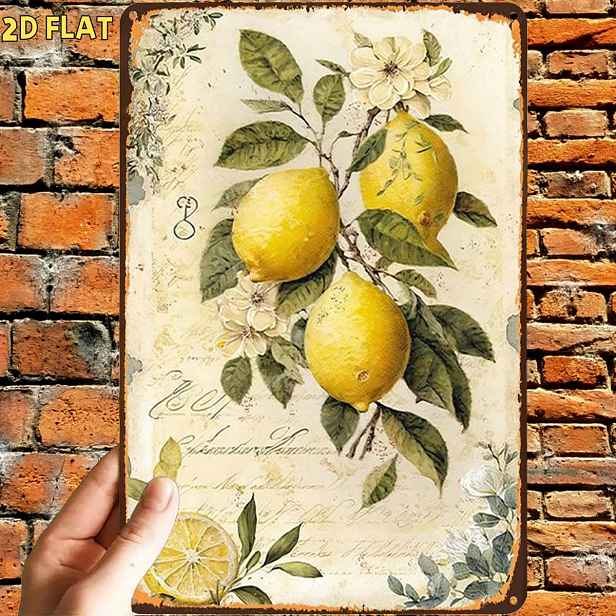 TEMU 2D plochá, 1 ks, Retro Vintage Citron Botanické Umělecké Tisk Kovová Železná Ceduľka, Předem Vrtané Hrany, Vhodná pro Vnitřní, Zahradní,