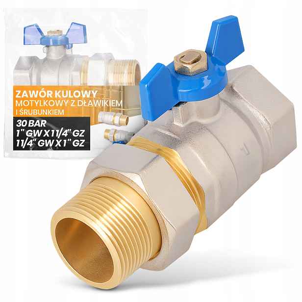 Kulový kohout 1'' Gw 1 1/4'' Gz Mosazný 30 Bar Šroubení Motýlkový Fu