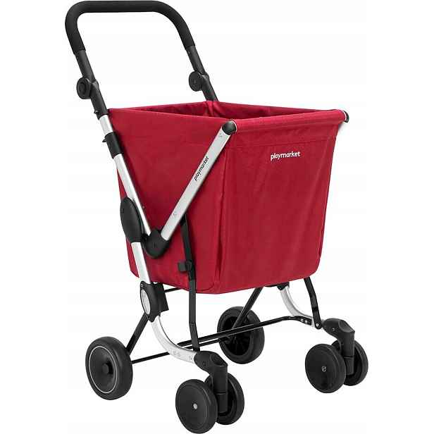 Skládací nákupní vozík Playmarket s košem na kolečkách, lehký, červený, 48 cm