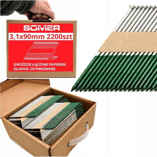 Hřebíky spojované papírem 34° Hladké pozinkované 90 mm, 3,1 mm, 2200 ks