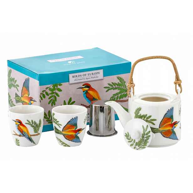 Porcelánový džbán 600 ml sítko 2 šálky 150 ml žoldák Polské Ptáci