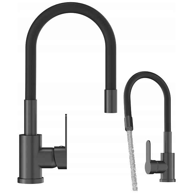 Kuchyňská Baterie Gun Grey Černá Metalická Flexibilní Ramínko Kohoutek Grado