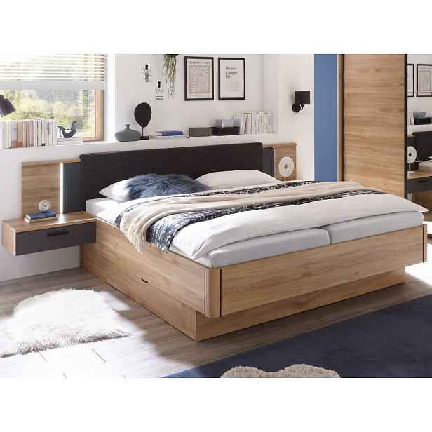 Postel s nočními stolky a osvětlením Aschau 180x200 cm, dub mauvella/grafit