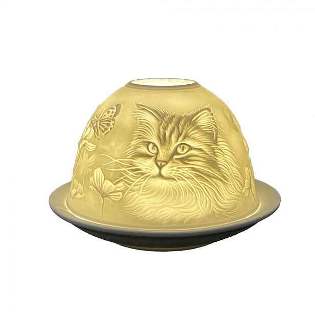 Bílý porcelánový svícen na čajovku kočička s motýlkem Paollo - Ø 12 * 8 cm Clayre & Eef