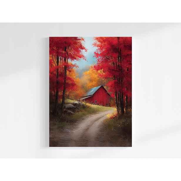 Obraz Na Plátně Canvas Krajina Podzim Les Cesta Červená Stodola 60x80