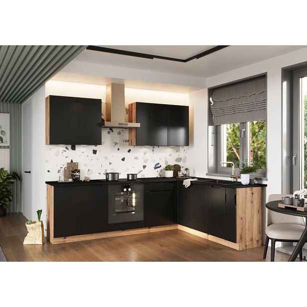 Artstolk Rohová kuchyňská linka ISABEL | 200-260 cm dub artisan/černá Provedení: s pracovní deskou