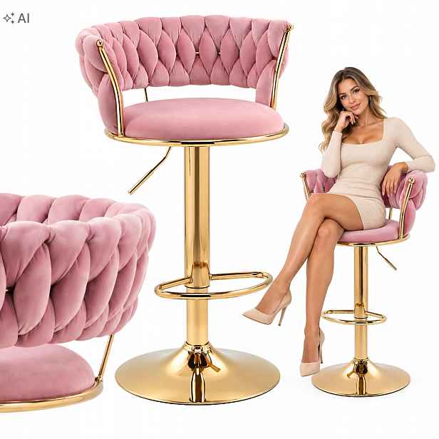 Barová židle Barová Židle Imperia Růžová Velurová Pletená Otočná Glamour Zlatá