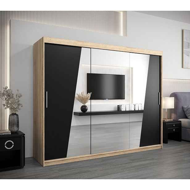 Skříň s posuvnými dveřmi GABRIELA - šířka 250 cm, dub sonoma / černá