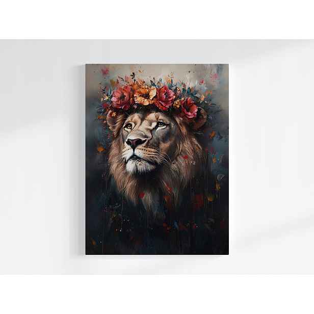 Obraz Na Plátně Canvas Portrét Zvířete Lev Král Věnec Květiny Boho 60x80
