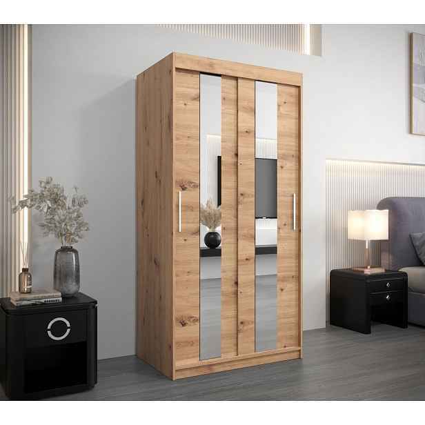 Šatní skříň se zrcadly JOSEFA - šířka 100 cm, dub artisan