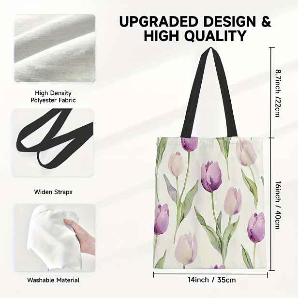 TEMU 1 ks Taška s Tulipánovým Potiskem - Elegantní s Stonky a Květy, Odolná Skládací Taška Vhodná na Velikonoce, Den , Promoce, Cestování, Piknik,