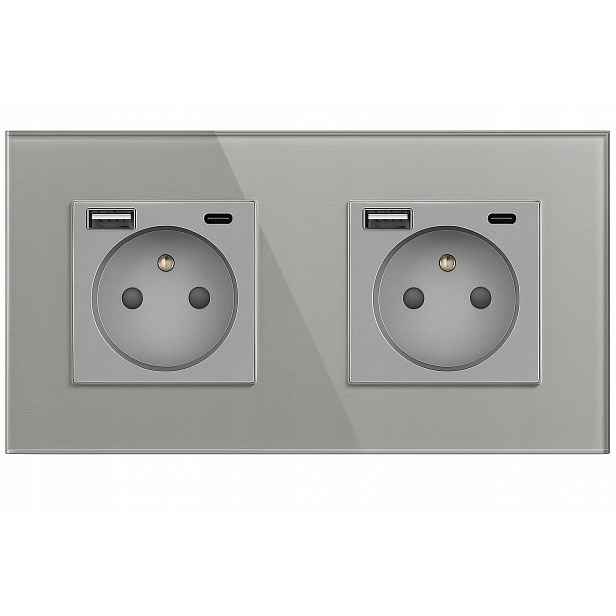 Dvojitý Kontakt Flex Zásuvka Se Skleněným Kolíkem S Usb A+c 2x1 Stříbrná Šedá