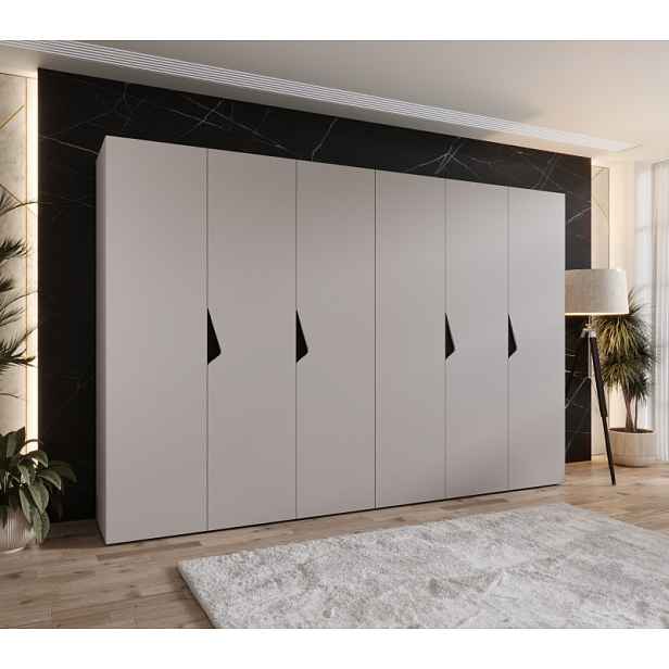 Elegantní šatní skříň 300 cm AMARIS 1 - kašmír / černé úchyty