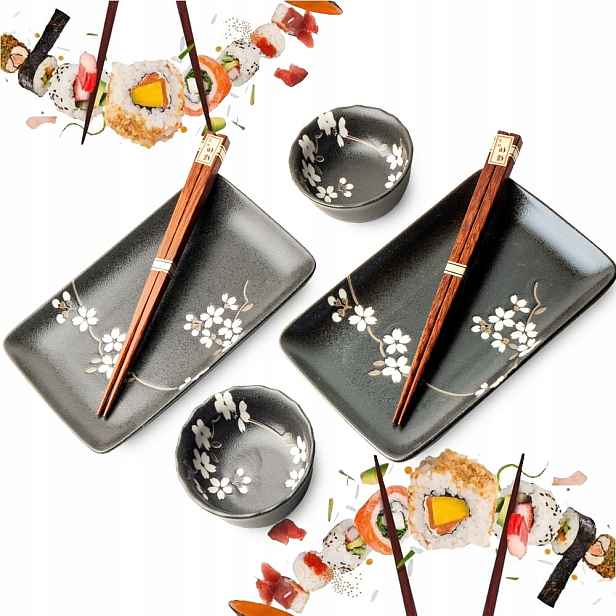 Sada keramiky na sushi Anemone Black Černá s květinami pro 2 osoby Edo Japan