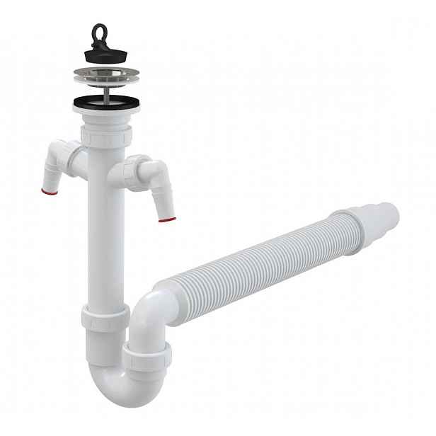 Alca - Dřezový sifon, průměr 70 mm, s 2 přípojkami, s flexi hadicí, plast A840-DN50/40