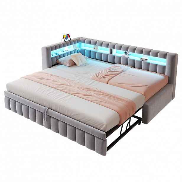 WISHDOR ROZKLÁDACÍ POHOVKA 90/200 cm & 90/190 cm ve světle šedém sametu s LED osvětlením, USB a odkládací plochou