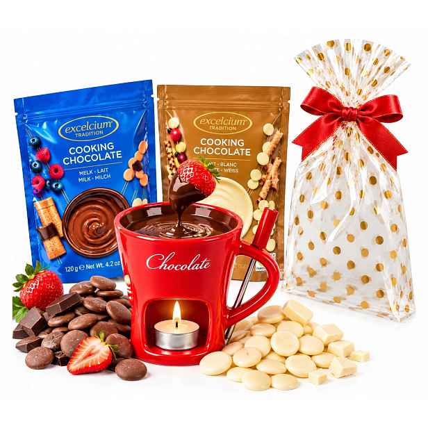 Sada na čokoládové fondue Hrnek 2 mléčné čokolády Bílá Dárek