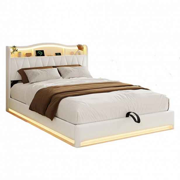 SHOPENTRA ČALOUNĚNÁ postel 140/200 cm béžová s úložným prostorem, LED a USB