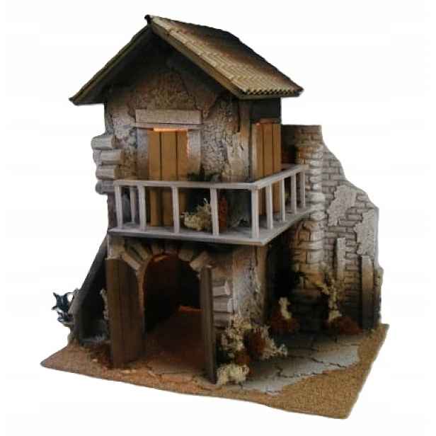 Osvětlený domeček s balkonem do betlému, pro figurky o výšce 10-12 cm, 35 x 25 x 38 cm