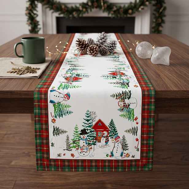 Vánoční běhoun na stůl SNOWMANS FAMILY 40x140 cm