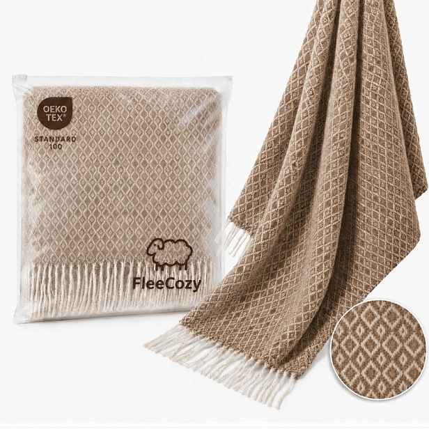 Deka merino pléd 130x180 béžová s kosočtverci 80% vlny na křeslo s třásněmi 270 g/m²