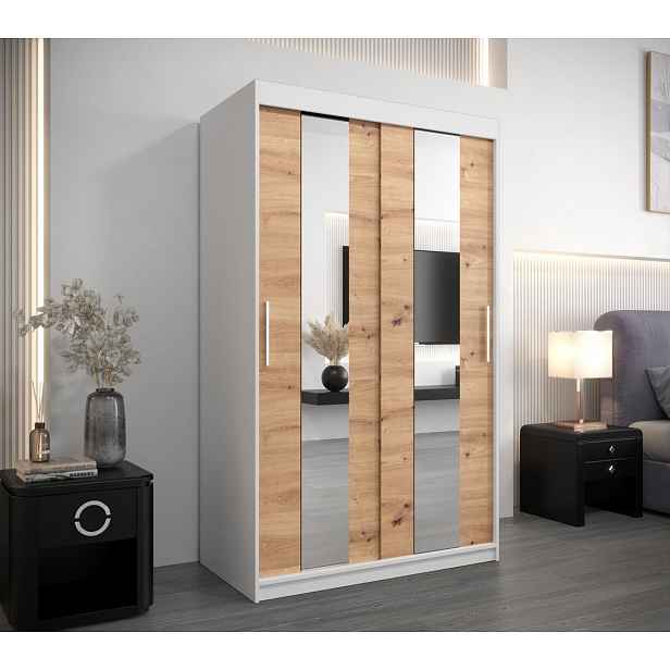 Šatní skříň se zrcadly DIANA - šířka 120 cm, bílá / dub artisan
