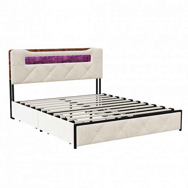 SHOPENTRA ČALOUNĚNÁ postel 140×200cm béžová, sametová, USB, 4 zásuvky