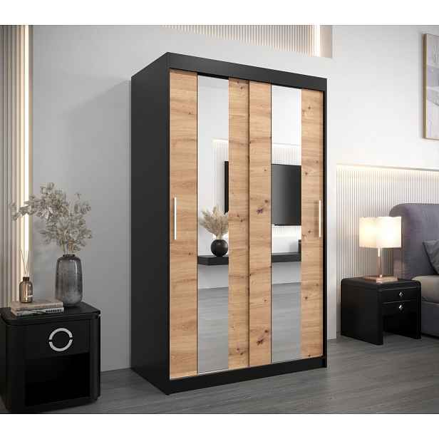 Šatní skříň se zrcadly DIANA - šířka 120 cm, černá / dub artisan