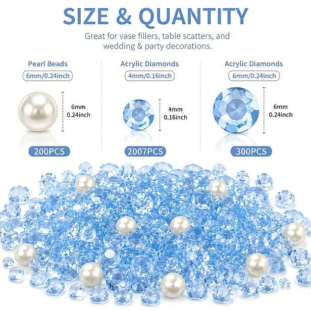 TEMU 2507 ks / Malé vhodné pro svatební středové dekorace, rozptyl na stůl a DIY řemesla - Světle modré akrylové imitace diamantů a slonovinově bílé