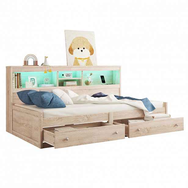 CHICFURN DENNÍ LŮŽKO 90/200 cm v přírodní barvě se 2 zásuvkami, LED osvětlením a USB