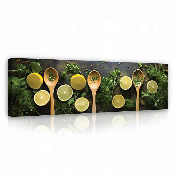 Obraz do kuchyně Jídelna Citrony Bylinky Lžíce Na Plátně Zeď 145x45