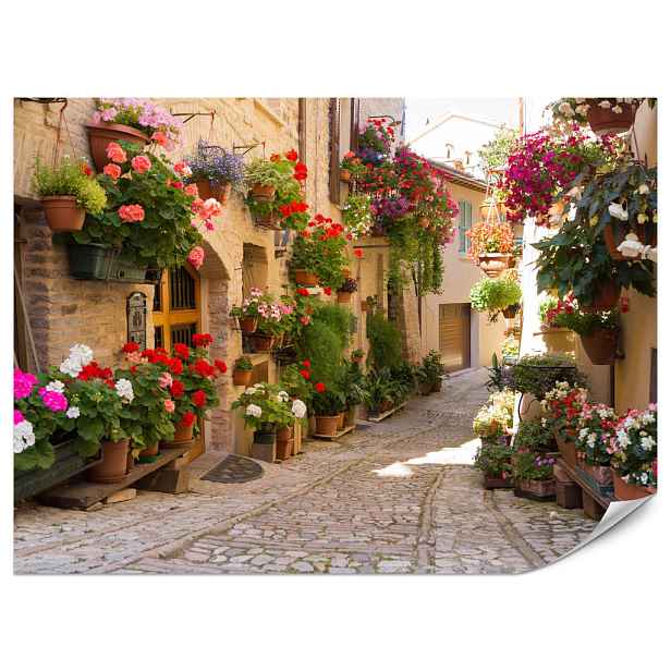 Muralo FOTOTAPETA do Obývacího Pokoje Italská Kamenná Ulice Květiny Rostliny 300x210